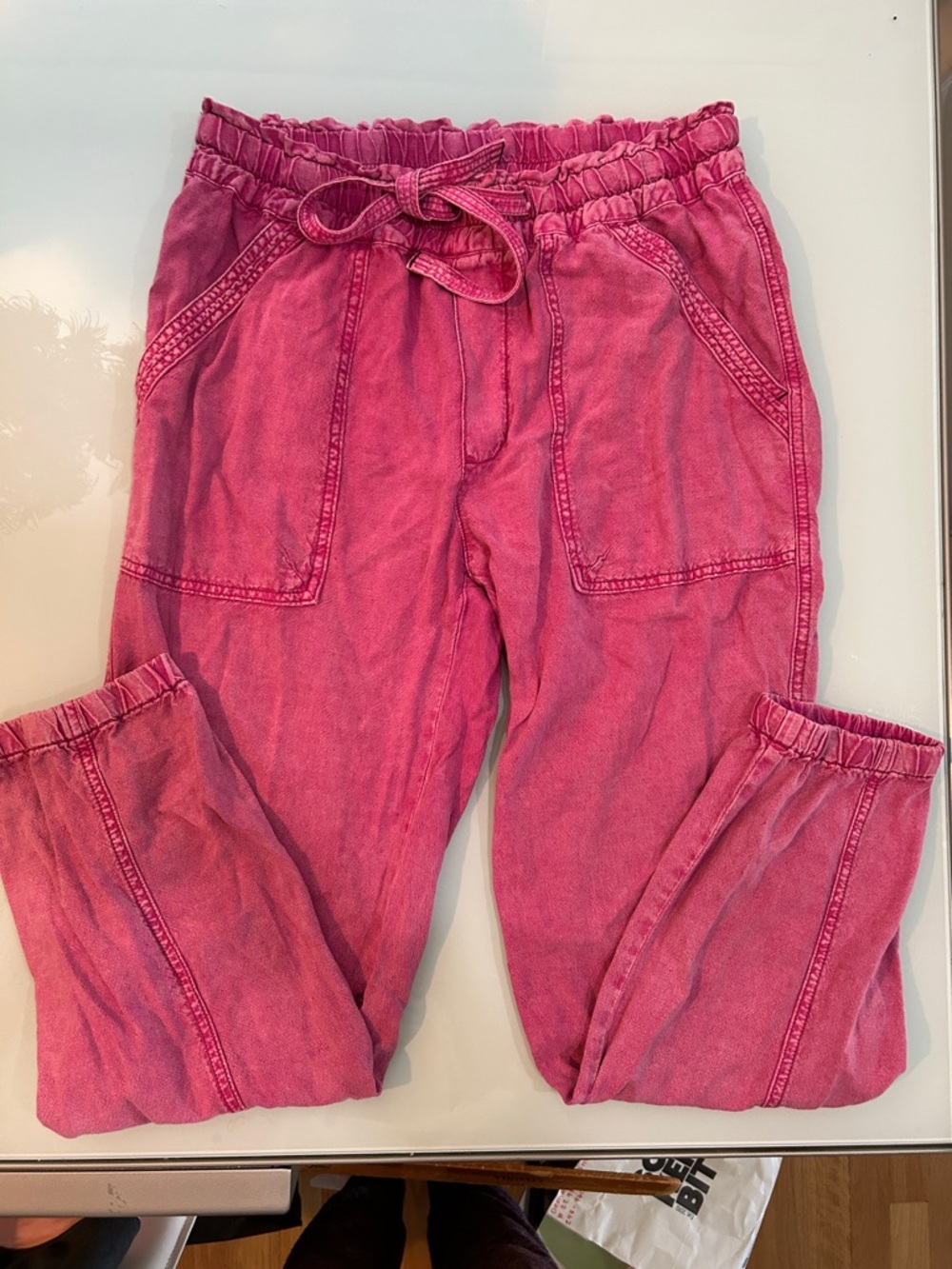 Raspberry pink linen viscose Drawstring Cargo Joggers Anthropologie